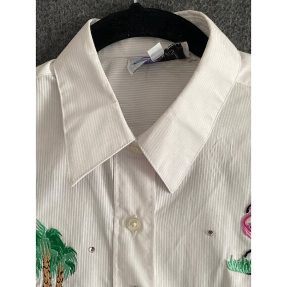 Las Olas Oved Intl Blouse Button Front Flamingo Embroidered Silver Stripe Small - Picture 4 of 11
